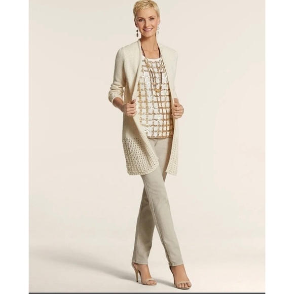 Chico's 0 Sz S Longline Lace Back Long Duster Sweater Cardigan Jacket Lattice - Picture 11 of 13